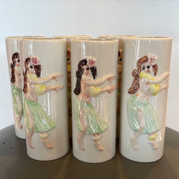 Set of 6 Ceramic Tiki-style Vases Glasses w/ Hulu Girl, Orchids of Hawaii - R73A - Picture 1 of 9